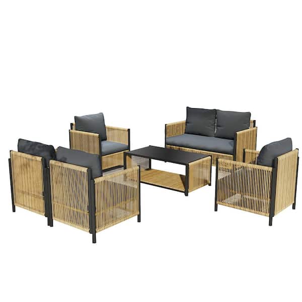 Tenleaf 6-Piece Brown PE Wicker Patio Conversation Set with Gray Cushions