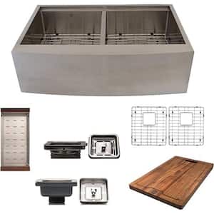33 in. Stainless Steel Farmhouse Apron Work Station Kitchen Sink With Square Drain Accessory Shelf Double Bowl 16 Gauge