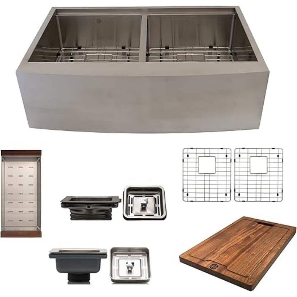 36 in. Stainless Steel Farmhouse Apron Work Station Kitchen Sink With Square Drain Accessory Shelf Double Bowl 16 -Gauge -  S STRICTLY KITCHEN + BATH, SA36215050WS-SS