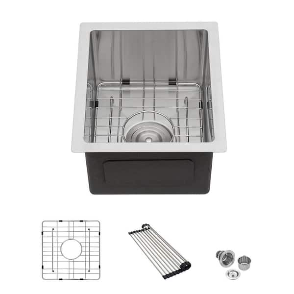 15 in. Drop-In/Undermount Single Bowl 16-Gauge Brushed Nickel Stainless Steel Kitchen Sink with Grid and Drain