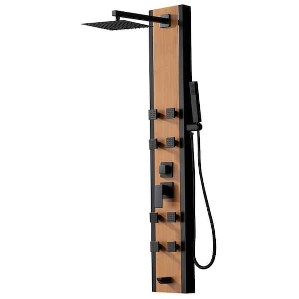 BWE 8-Jet Rainfall Shower Panel System with Rainfall Waterfall Shower Head and Shower Wand in Black Bamboo