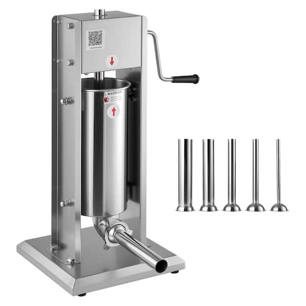 Manual Sausage Stuffer, 11 lbs. / 5 L Vertical, Dual-Speed Meat Filling Machine, Stainless Steel, 5 Stuffing Tubes
