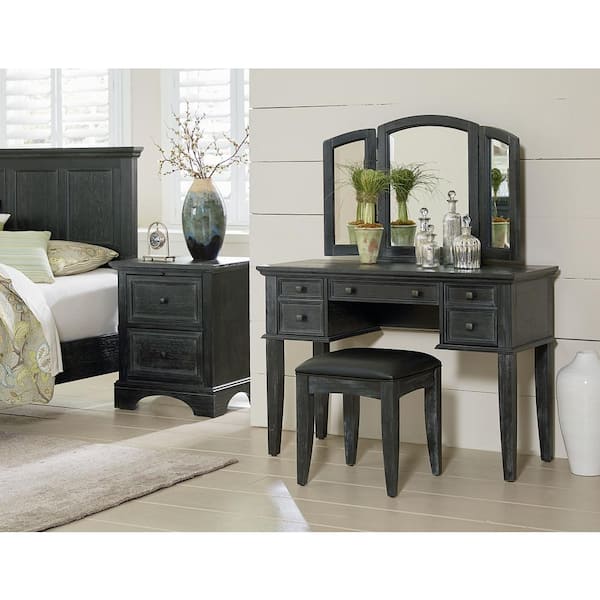 Osp Home Furnishings Farmhouse Basics Rustic Black Queen Bedroom Set With 2 Nightstands 1 Chest And 1 Vanity And Bench 8 Pieces Bp 4200 215b The Home Depot