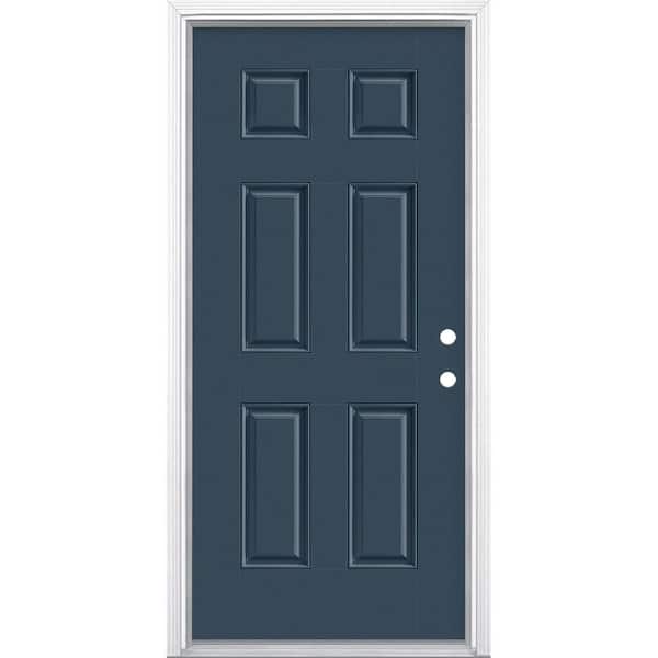 Masonite 36 in. x 80 in. 6-Panel Night Tide Left Hand Inswing Painted Smooth Fiberglass Prehung Front Door with Brickmold