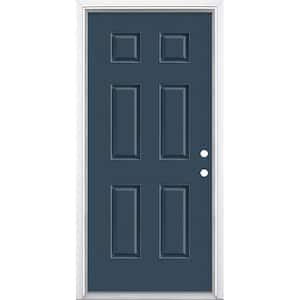 36 in. x 80 in. 6-Panel Night Tide Left Hand Inswing Painted Smooth Fiberglass Prehung Front Door with Brickmold