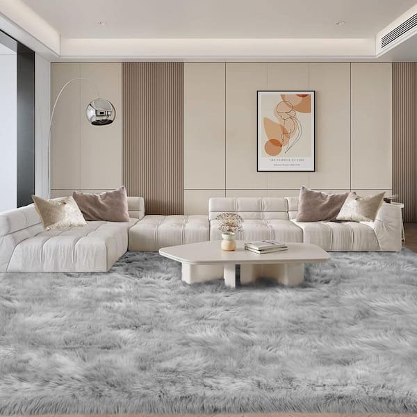 Gray 10 ft. x 14 ft. Large Area Rug Faux Fur Rug Fluffy Fuzzy Furry Area Rug
