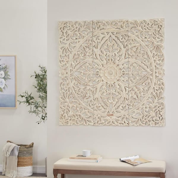 Litton Lane Wood Beige Handmade Intricately Carved Floral Wall Decor with Mandala Design (Set of 3)