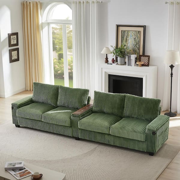 133 in. Modern Corduroy Rectangle 4-Seat Sofa Couch in Green with USB Ports, Hidden Storage Arms, Flip-Top Cup Holders