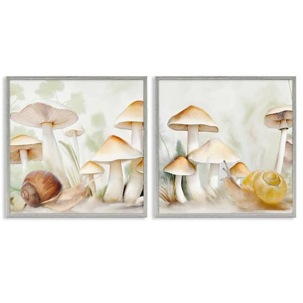 Stupell Industries Snail Crawl by Mushrooms by Kim Allen 2 Pieces Gray Framed Nature Giclee Art Print 24 in. x 24 in.