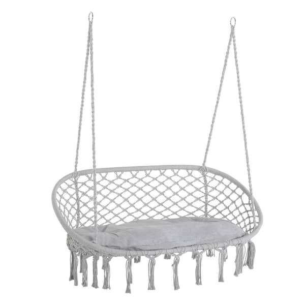 2-Person Hammock Chair Macrame Swing with Soft Cushion, Light Gray