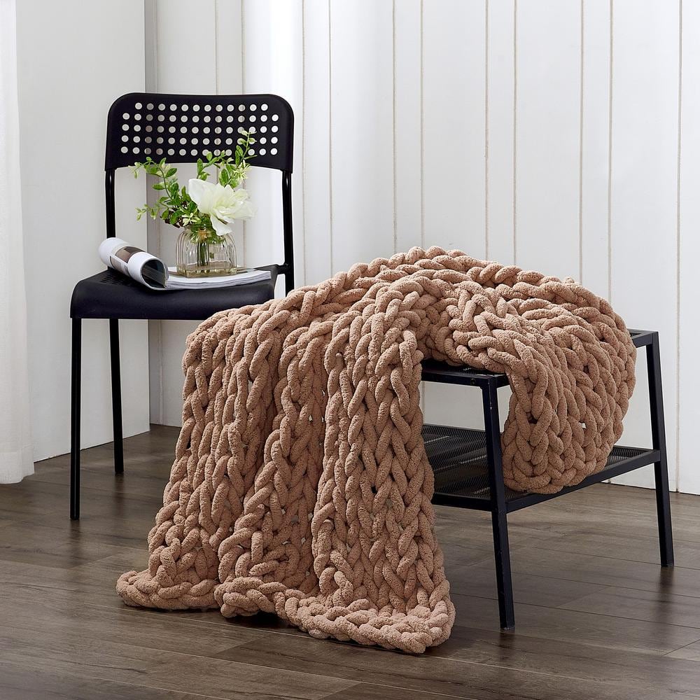 Chunky Knit Blanket - Black Orange and Ivory - Soft Chenille Throw