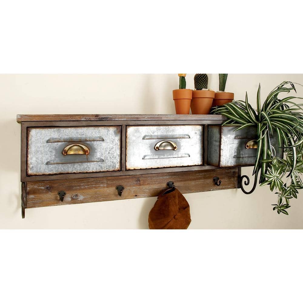 Rustic Brown Fir Wood and Iron Wall Organizer