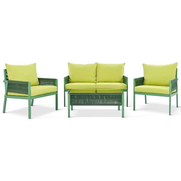 Zeus & Ruta 4-Piece Rope Patio Conversation Set with Green Cushions and Coffee Table for Backyard, Porch and Balcony