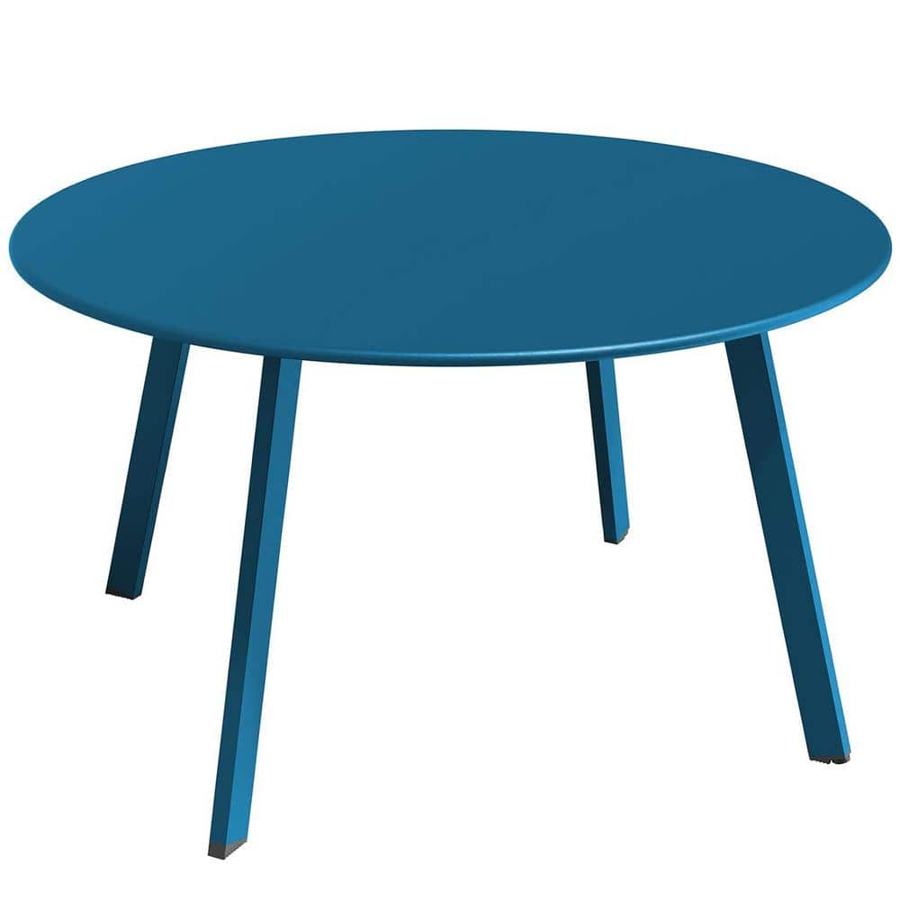 Peacock Blue Round Metal Outdoor Coffee Table with Square Feet for Backyard