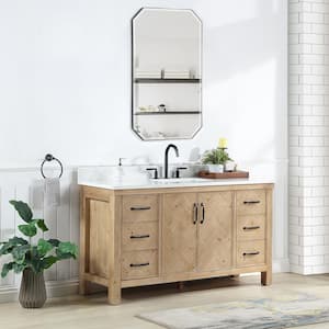 Javier 60 in. W x 22 in. D x 33.9 in. H Single Sink Bath Vanity in Brown with White Grain Composite Stone Top and Mirror