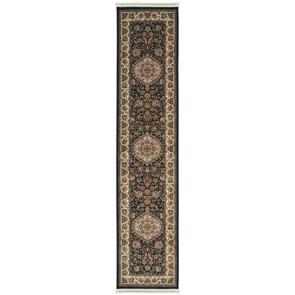 2 X 10 Dark Blue, Ivory Medallion Washable Area Rug Runner Rug