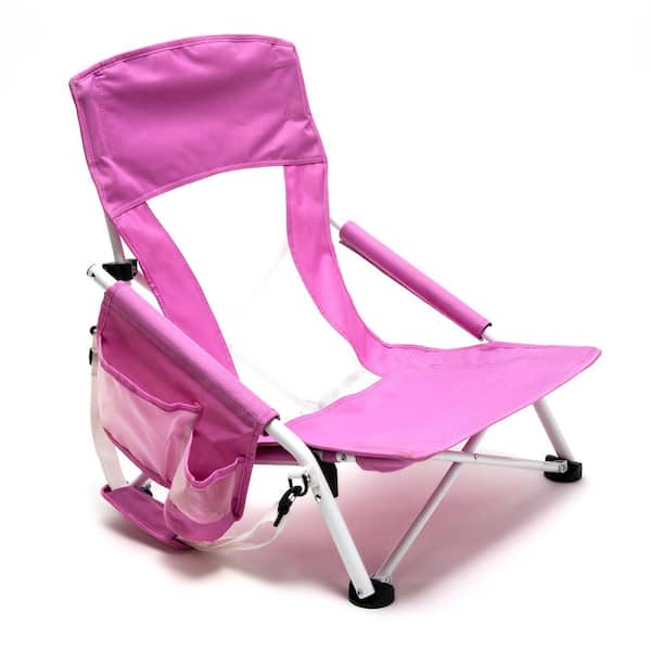 Mondawe Pink Metal Patio Folding Beach Chair Lawn Chair Outdoor Camping Chair with 2-Side Pockets and Built-in Shoulder Strap