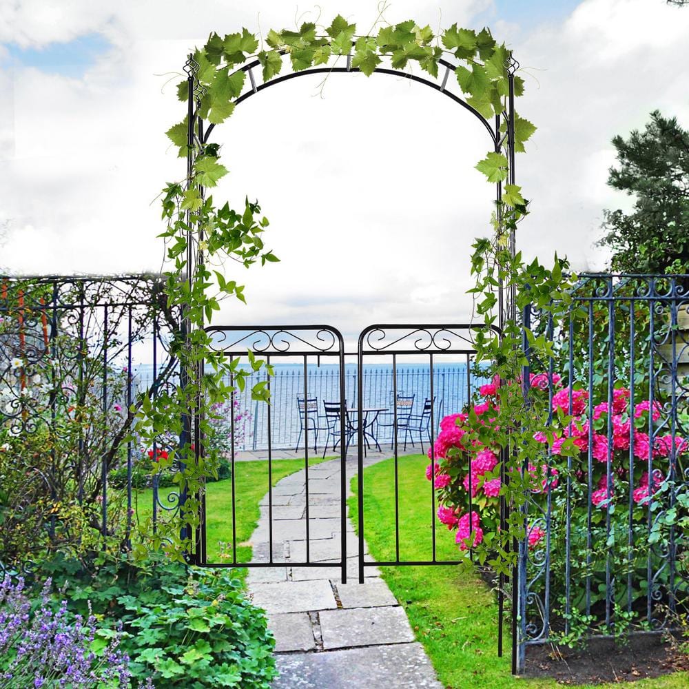 Black Metal Garden Arch Arbor with Gate and Trellis