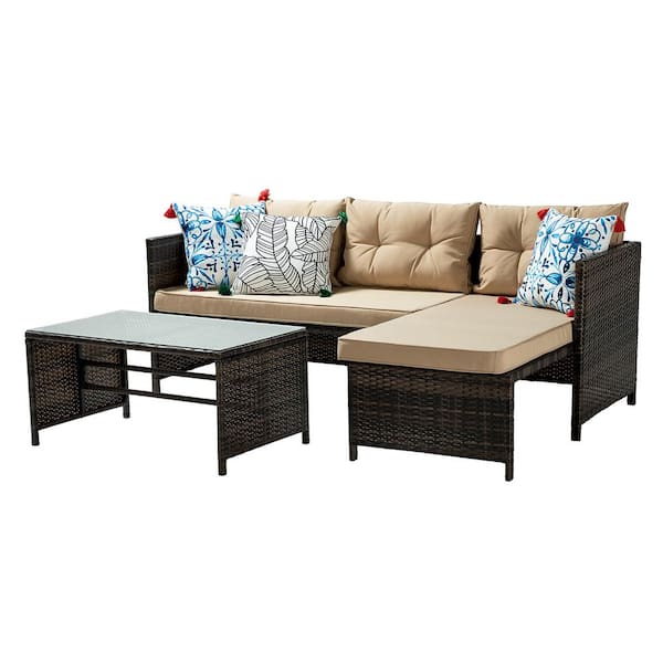 JAYDEN CREATION Ester Grey 3-Piece Rattan Outdoor Patio Conversation Set with Brown Cushions