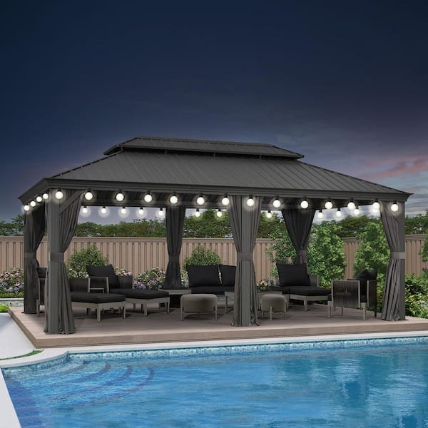 12 ft. x 18 ft. Gray Patio Outdoor Gazebo for Backyard Hardtop Aluminum Frame with Hooks, Netting, Curtain 36-Lights
