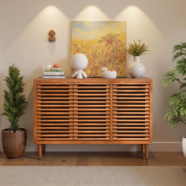 Modern 3-Door Brown 31 in. Storage Cabinet with Slatted Doors