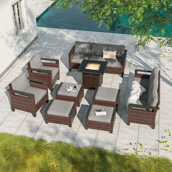 JOYESERY 9-Piece Patio Conversation with Square Fire Table Set Wide Armrests High Back Sofa Chair Brown Wicker Linen Grey Cushion