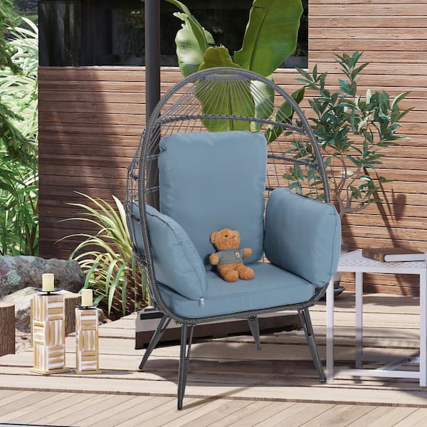 Runesay Egg Chair Wicker Lawn Chair Outdoor Oversized Large Lounger with Stand Cushion for Patio, Garden in Blue