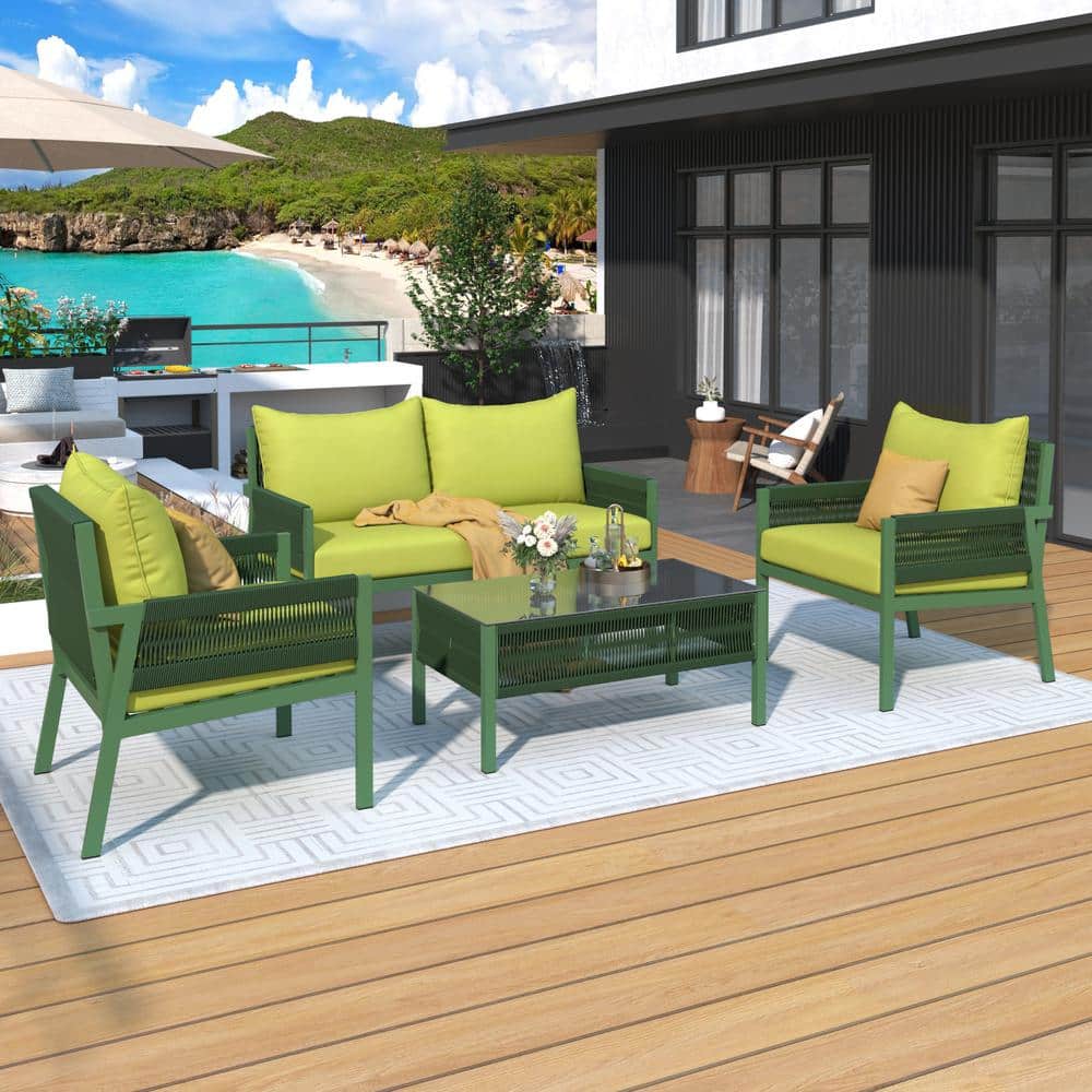 K&K Green 4-Piece Metal Rope Patio Conversation Set with Thick Fluorescent 