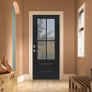 36 in. x 80 in. Left-Hand 4 Lite Clear Glass Black Painted Fiberglass Prehung Front Door with Brickmould