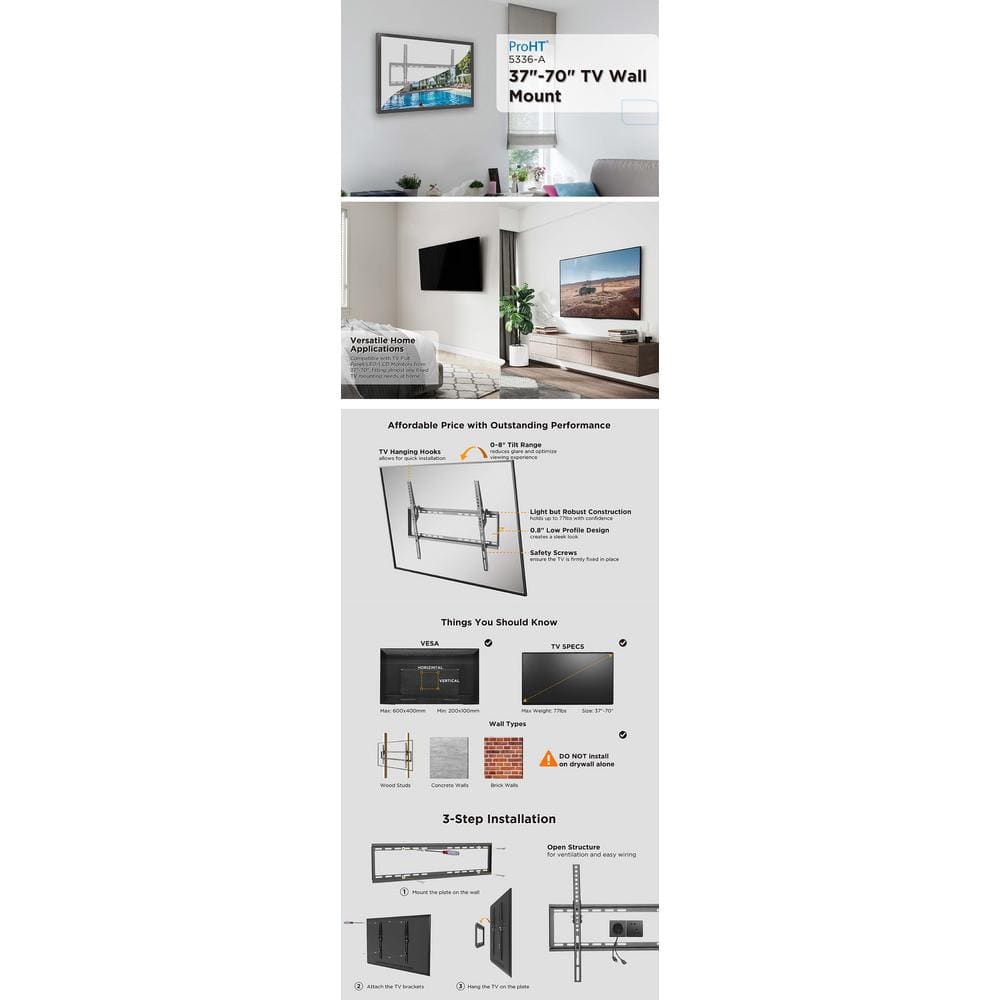 Low-Profile Black Steel Tilting TV Wall Mount for 37"-70" Flat Panels