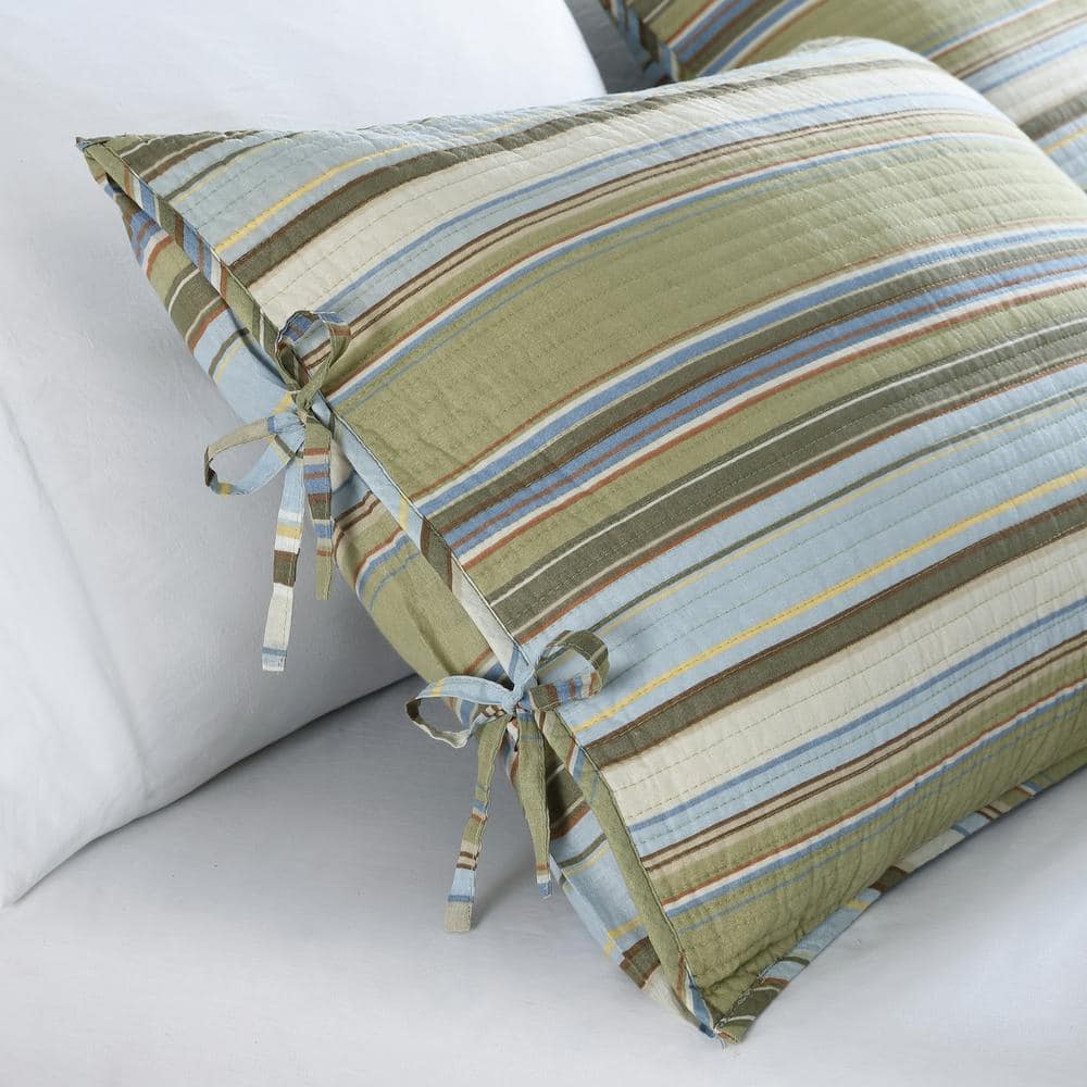 Green Striped Cotton Twin Reversible Quilt Set
