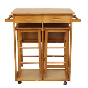 Brown Folding Square Solid Wood Kitchen Cart Dining Set with 2-Stools