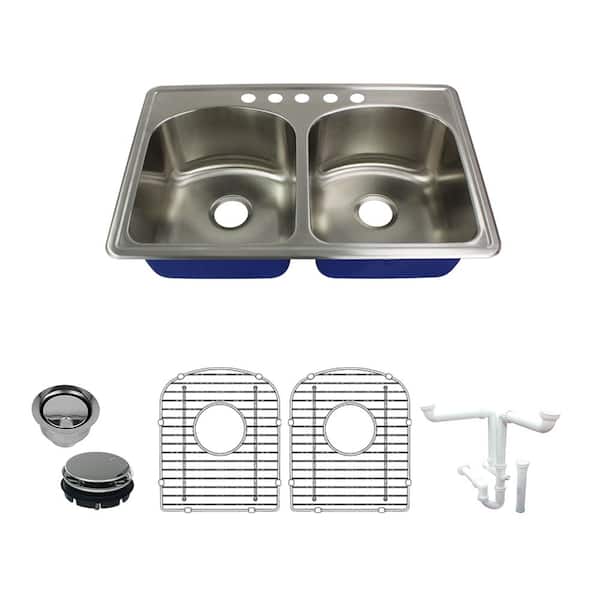 Transolid Meridian All-in-One Drop-In Stainless Steel 33 in. 5-Hole 50/50 Double Bowl Kitchen Sink in Brushed Stainless Steel
