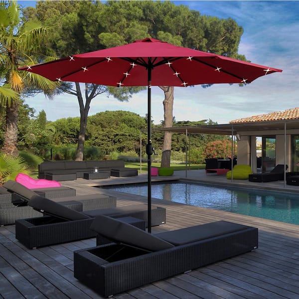Maypex 9 ft. Steel Market Crank and Tilt Round Solar Light Patio Umbrella in Red