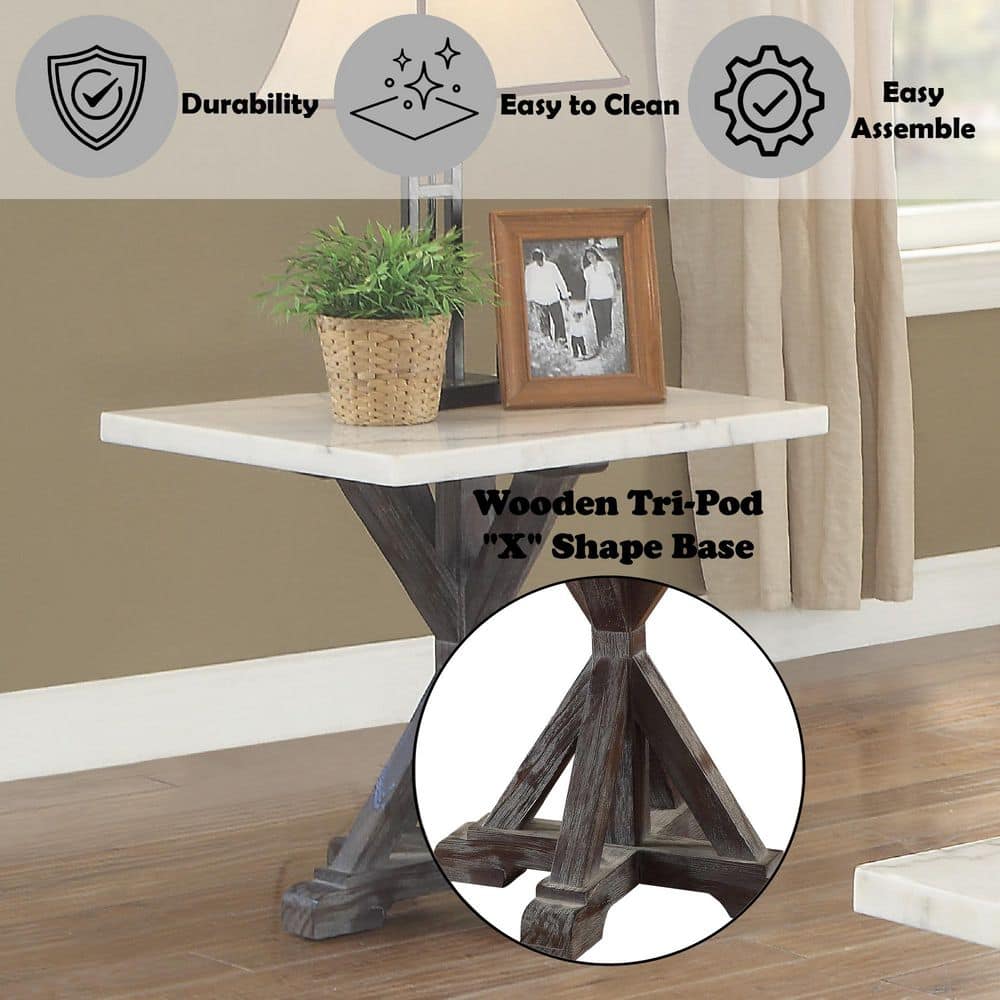 Romina Weathered Espresso Pine Wood & White Marble End Table