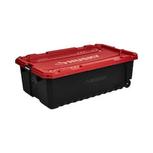 57 Gal. Pro Grip Storage Tote with Wheels in Black with Red Lid