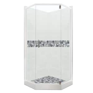 Newport Grand Hinged 32 in. x 36 in. x 80 in. Right Cut Neo-Angle Shower Kit in Natural Buff and Satin Nickel Hardware
