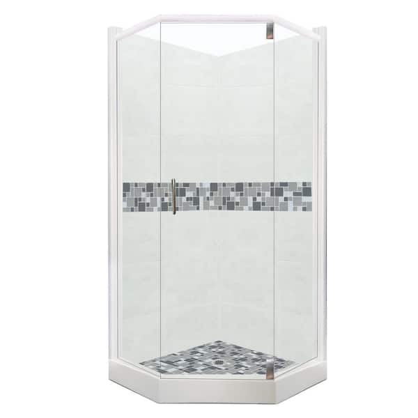 American Bath Factory Newport Grand Hinged 36 in. x 42 in. x 80 in. Left-Cut Neo-Angle Shower Kit in Natural Buff and Satin Nickel