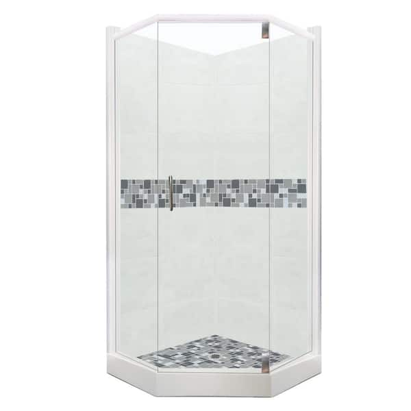 American Bath Factory Newport Grand Hinged 36 in. x 48 in. x 80 in. Left-Cut Neo-Angle Shower Kit in Natural Buff and Satin Nickel