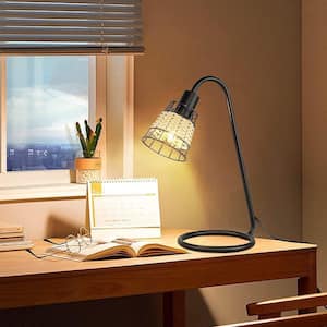 15.35 in. Matte Black Metal Indoor Desk Lamp with LED Bulb and Rattan Shade