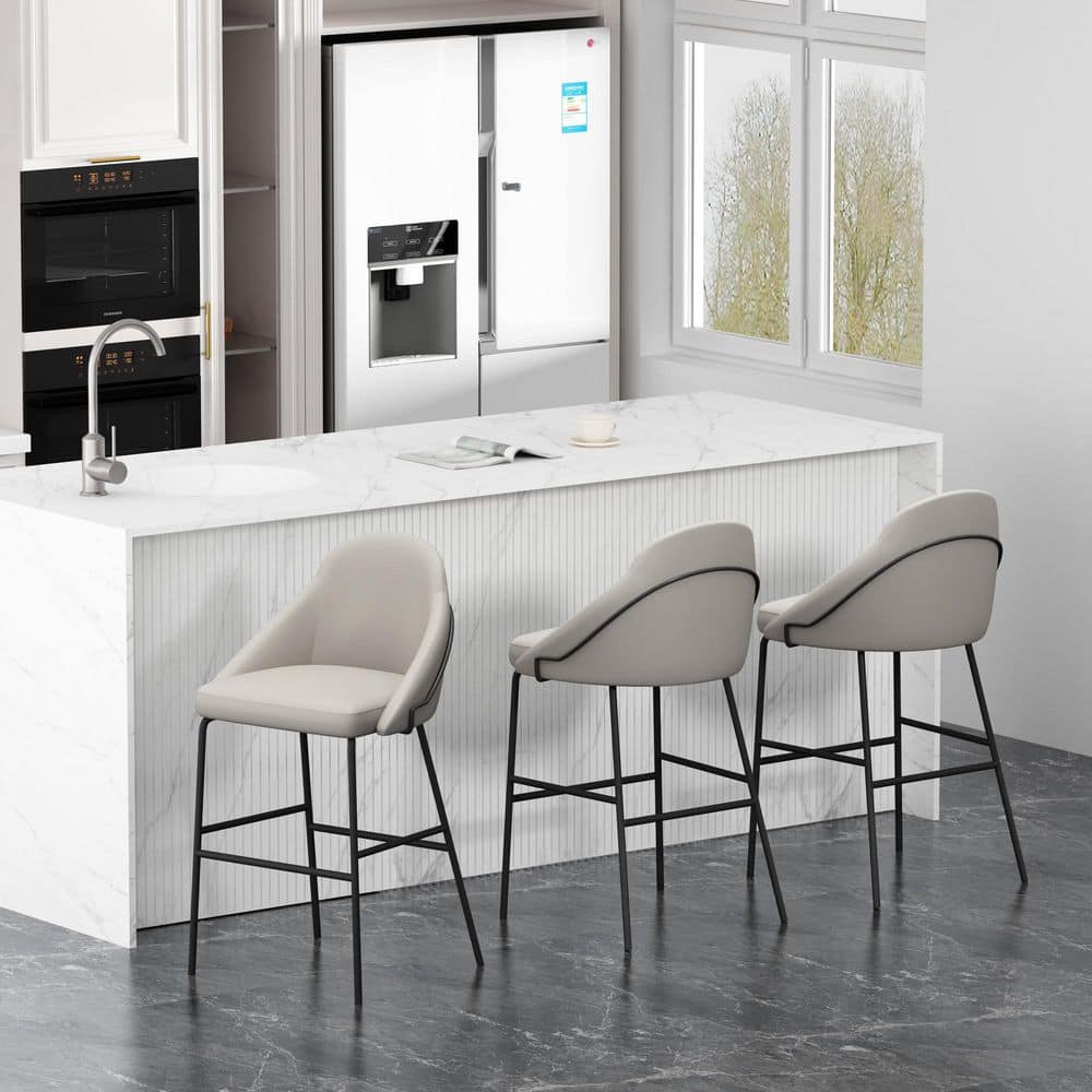 Gracie 29.1 in. Modern Stone and Black Metal Frame Bar Stool with Faux Leather Upholstered Seat (Set of 3) price history on PriceWatchPro