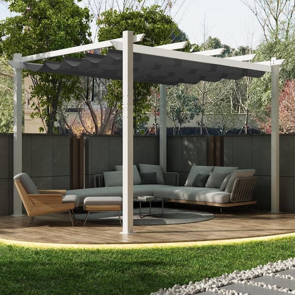 PURPLE LEAF 10 ft. W x 13 ft. D Outdoor White Aluminum Pergola with Gray Adjustable UV Resistant Sun Shelter Canopy for Garden