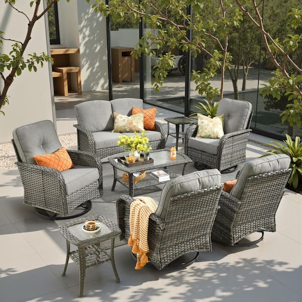 XIZZI Paradise 8 Pieces Wicker Outdoor Patio and Swivel Rocking Chairs with Dark Gray Cushions