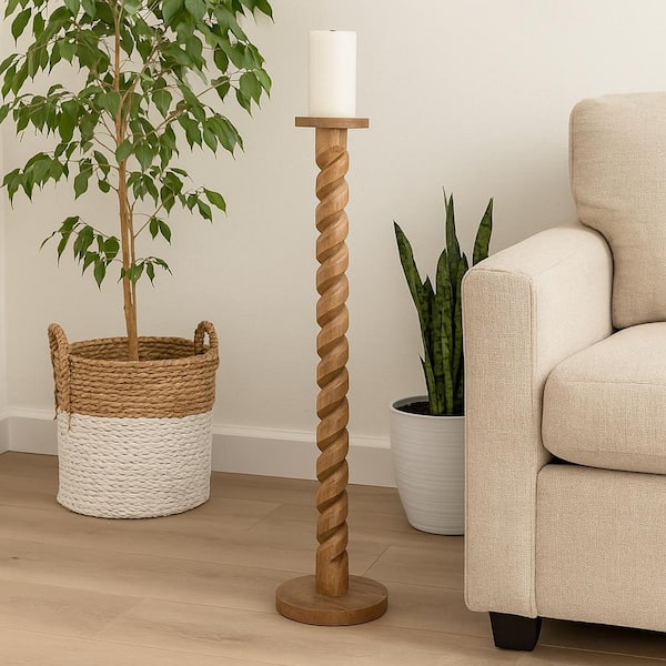 Liv & Skye Brown 9 in. x 36 in. Natural Wood Solid Spiral Floor Pillar Candle Holder