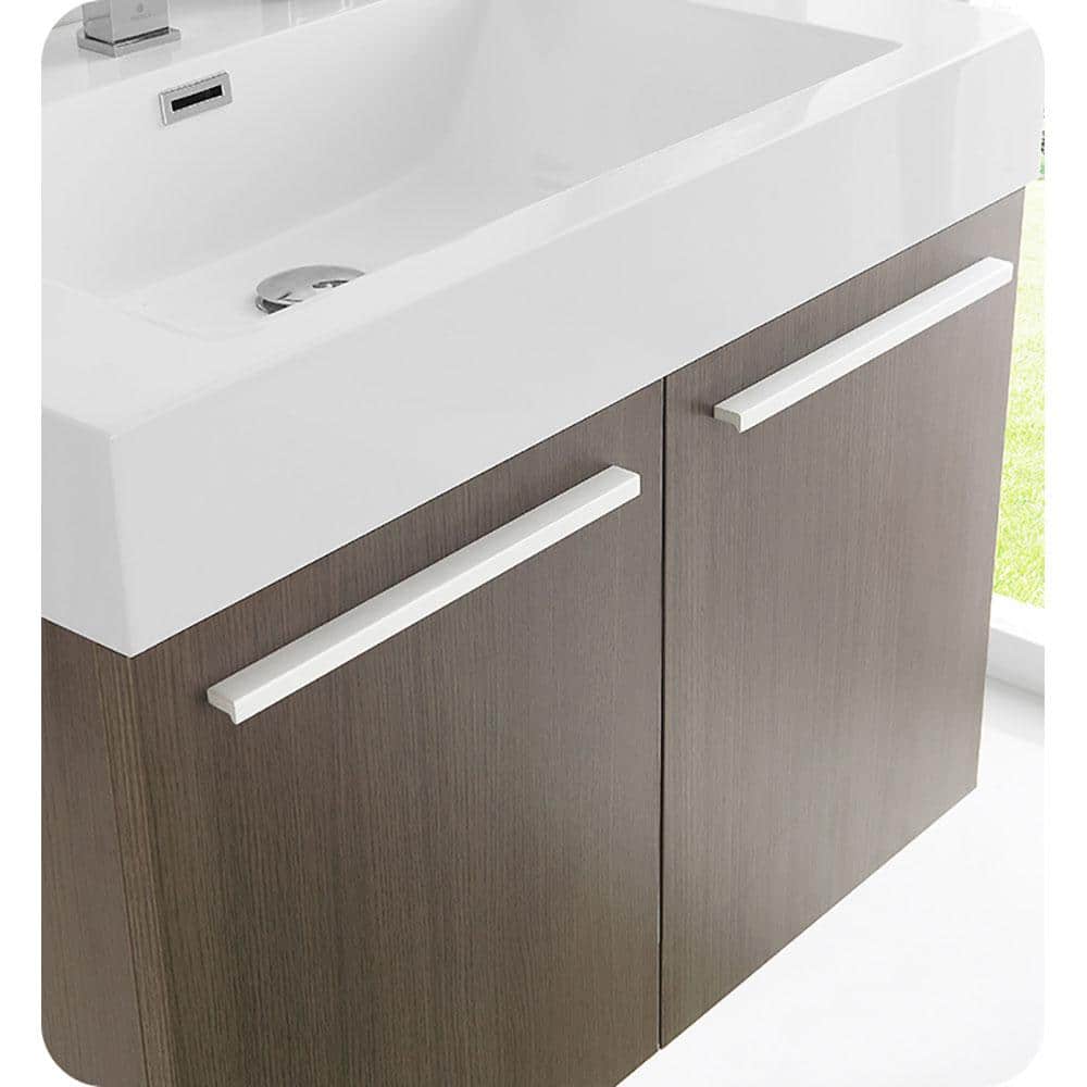 Gray Oak Wall-Mount Vanity with White Acrylic Sink