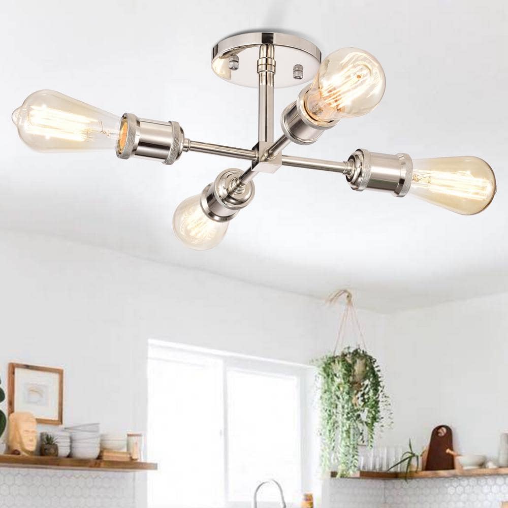 Mid-Century Modern Polished Nickel Sputnik 4-Light Semi-Flush Mount