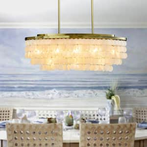 11.8 in. 11-Light Farmhouse Coastal Natural Capiz Shell Tiered Chandelier for Dining Room with Antique Gold Metal