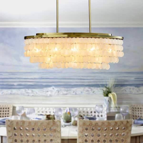 ALOA DECOR 11.8 in. 11-Light Farmhouse Coastal Natural Capiz Shell Tiered Chandelier for Dining Room with Antique Gold Metal