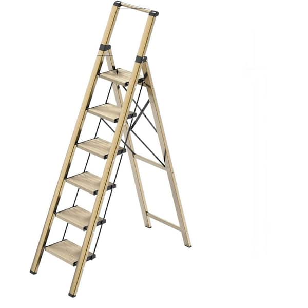 6 Step Ladder for Reach 12 ft. Ceiling Lightweight Aluminum Folding Step Stool with Handgrip Gold Anti-Slip Pedal
