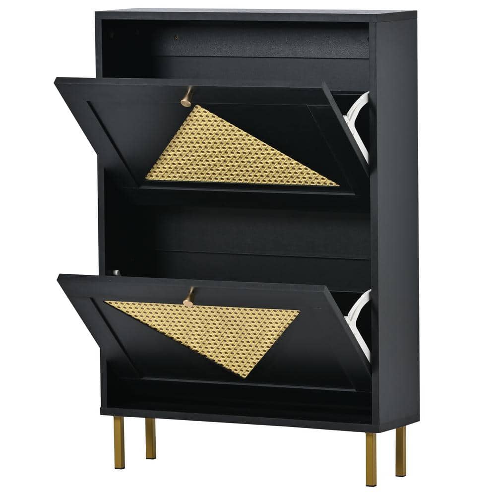 23.6 in. W x 6.6 in. D x 30.3 in. H Black Rattan Linen Cabinet with 2 Flip 